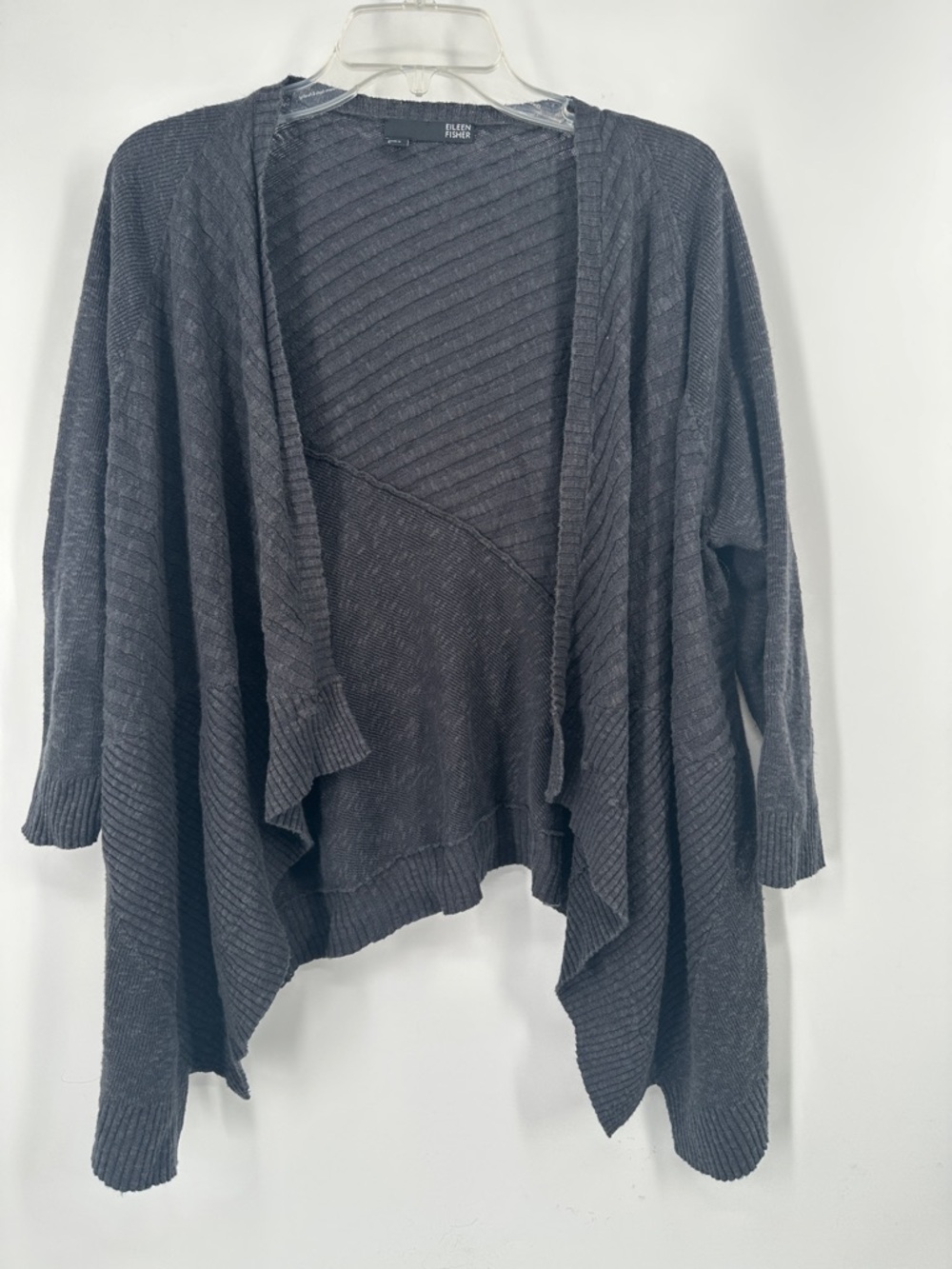 Eileen Fisher Charcoal Lightweight Cascading Open Cardigan linen cotton